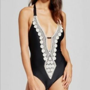 Mossimo Black Lace Crochet One Piece Swimsuit Sz Medium